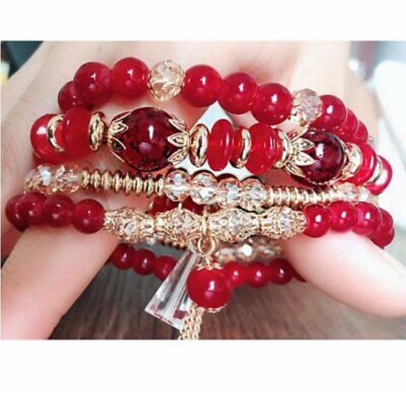 Crystal Red Bead Multi-layer Set of 4 Bracelet - Picture 7 of 7